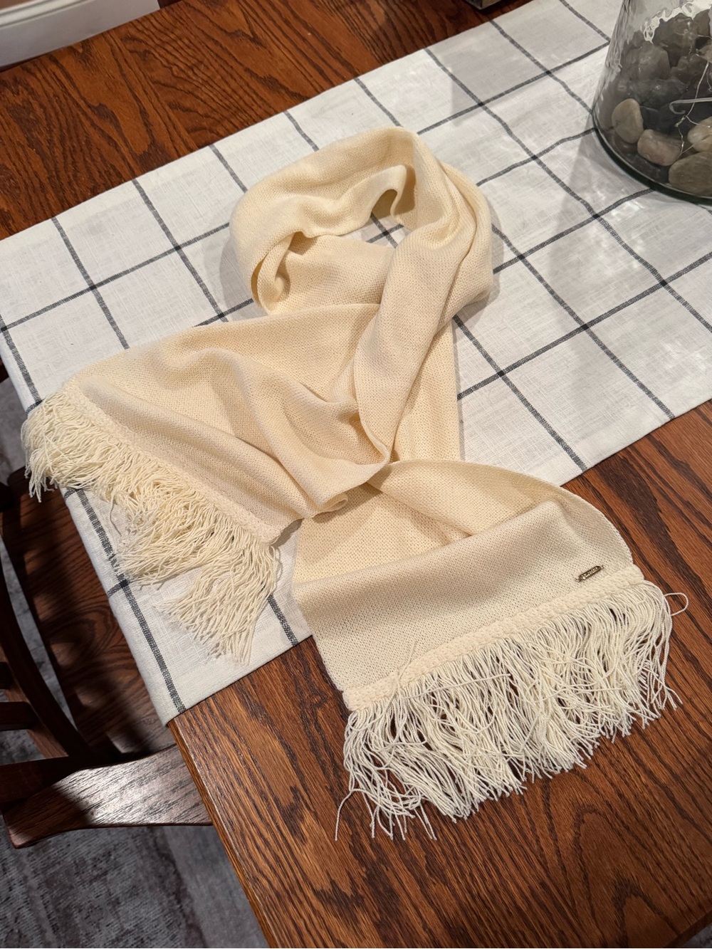 St. John Cream Pointelle Knit Scarf with Fringe Detail